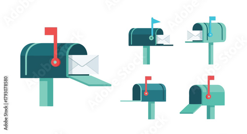 A colorful set of illustrated mailboxes with letters inside in varying views