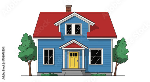 Charming blue house with a bright red roof and a welcoming yellow door