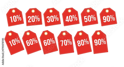 Collection of vibrant red price tags displaying various percentage discounts