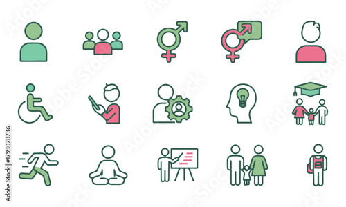 Diversity and Inclusion Icons Set – Vector illustrations of people, teamwork, gender equality, education, disability accessibility, meditation, leadership, and human resources. Perfect for infographic