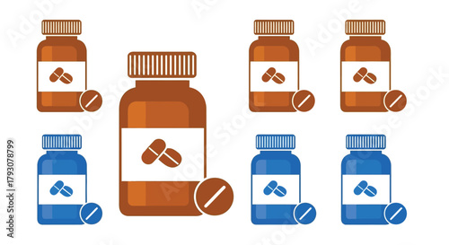 Assorted medication bottles and pills in brown and blue tones illustrated