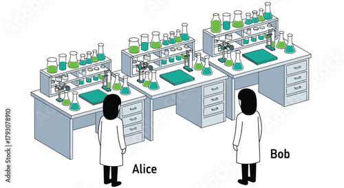 Laboratory setup with multiple workstations and scientists conducting experiments