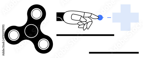 Robotic hand interacting with cross-shaped healthcare symbol, spinner emphasizing balance. Ideal for health tech, AI, robotics, innovation, education, wellness future concepts. Simple flat metaphor