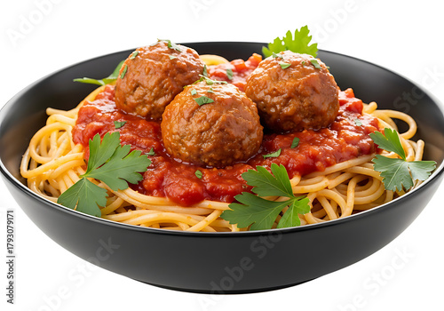 Delicious spaghetti and meatballs with tomato sauce and parsley isolated on transparent background