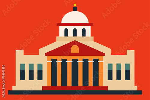 Flat design illustration of a government building with a dome and columns