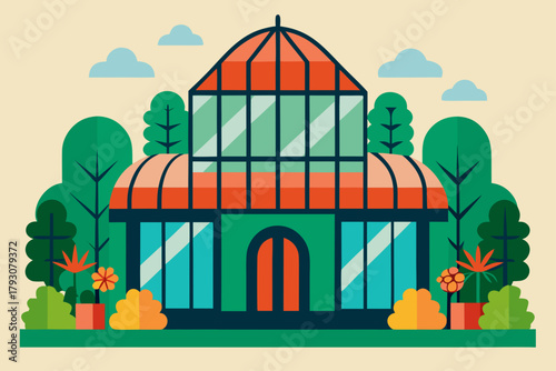 Modern greenhouse building surrounded by lush greenery and flowers