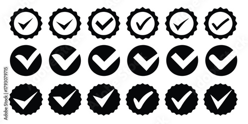 check mark, tick, yes, approval, confirmation, verification, success, correct, done, accepted, agreement, valid, quality, seal, badge, icon, symbol, graphic, design, black and white, circle, starburst