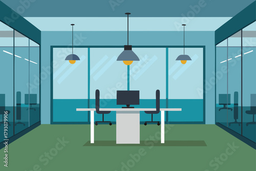 Modern office interior with glass walls and minimalist workstations