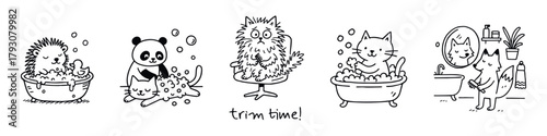 Black-and-white cartoon illustrations of animals in five-scene grooming sequence with tubs, bubbles, and “trim time” message, and tools, vector