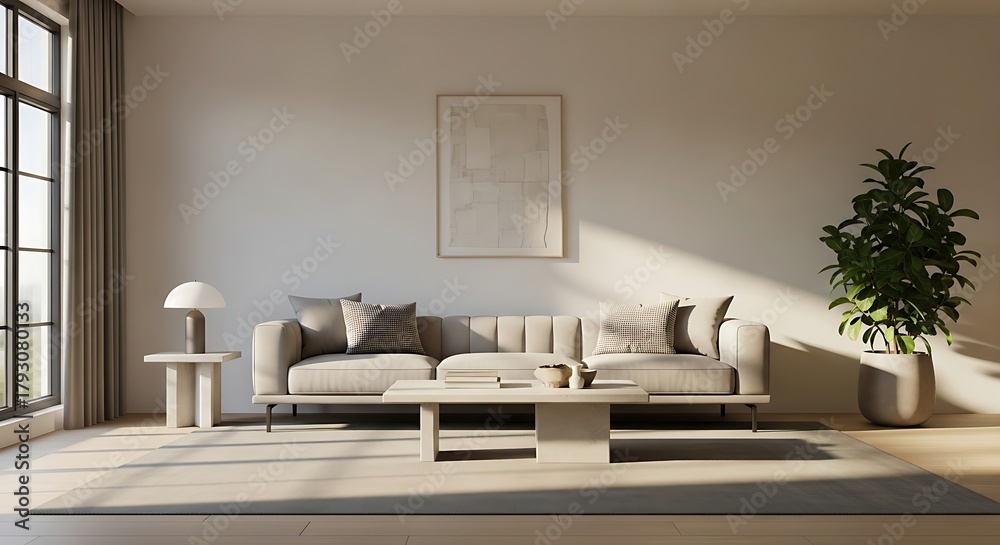 Fototapeta premium Minimalist Modern Living Room with Beige Sofa Natural Light Neutral Decor