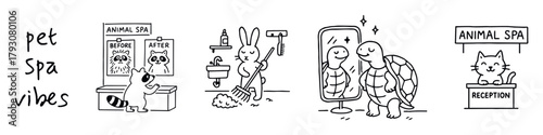 Black-and-white cartoon illustration of animals in multi-scene spa setting with “BEFORE/AFTER” poster, mirror, and reception desk, vector
