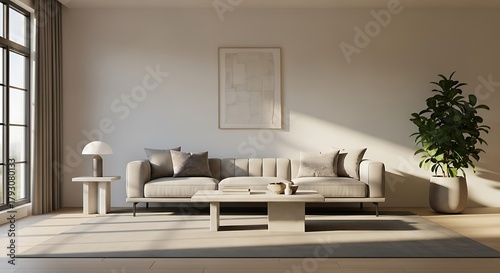 Minimalist Modern Living Room with Beige Sofa Natural Light Neutral Decor