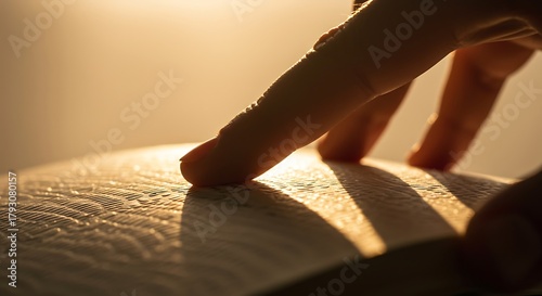 Hand touching smooth white surface illuminated by warm light, creating soft shadows and highlighting textures in a serene and contemplative mood.