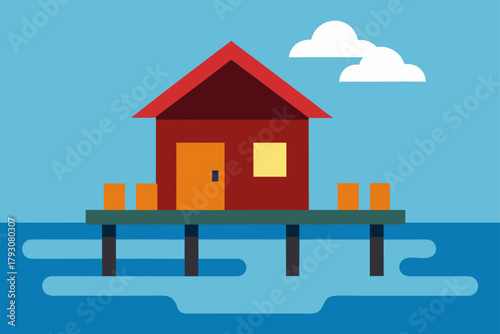 Simple flat design of a red house on stilts over blue water with clouds