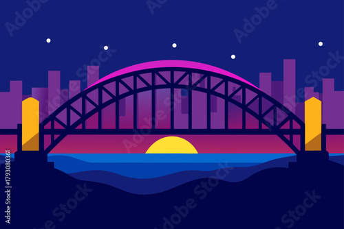 Stylized arch bridge over water at sunset with city skyline