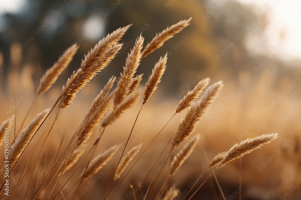Fototapeta premium Golden wheat field at sunset with soft focus and warm lighting