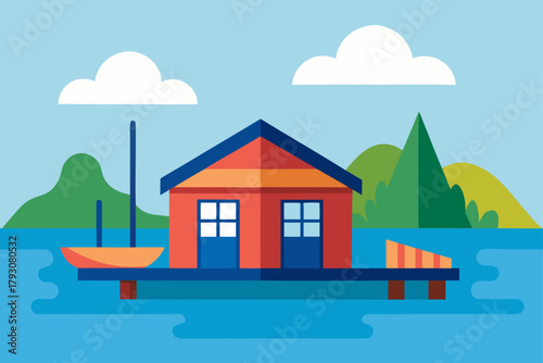 Flat illustration of a red house on stilts with a sailboat and mountains