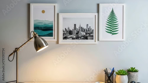 Cozy workspace with desk lamp, artwork, and office supplies on white desk