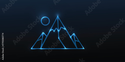 Mountains neon icon. Summer concept. Minimal pyramid. Travel and hiking. Night signboard