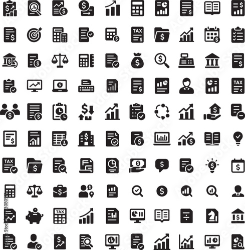 Set of financial and business icons containing graphs document report business data report graph diagram accounting management