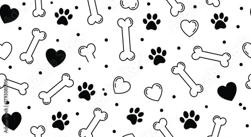 Seamless Pattern Heart, Bone, Paw Print Outlines On A White Background With Dots