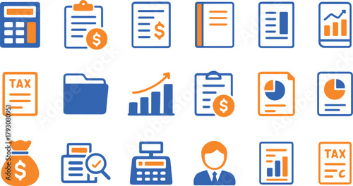 Finance and accounting line icons with color style containing calculator report bar graph document diagram tax