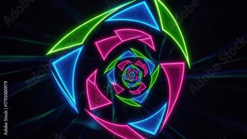 Abstract neon geometric shapes forming a mesmerizing tunnel effect in darkness