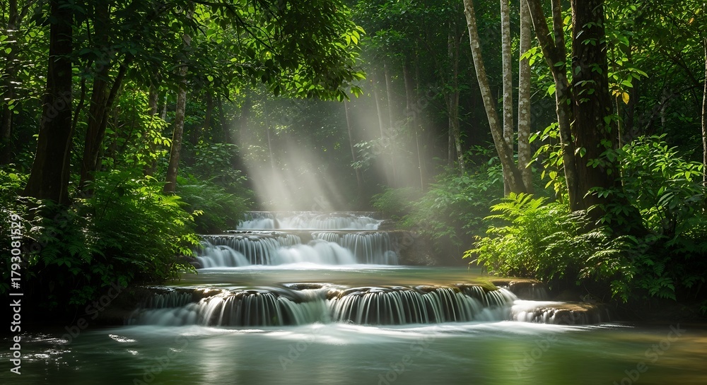 Naklejka premium Serene Forest River with Sunlight Rays Filtering Through Green Foliage