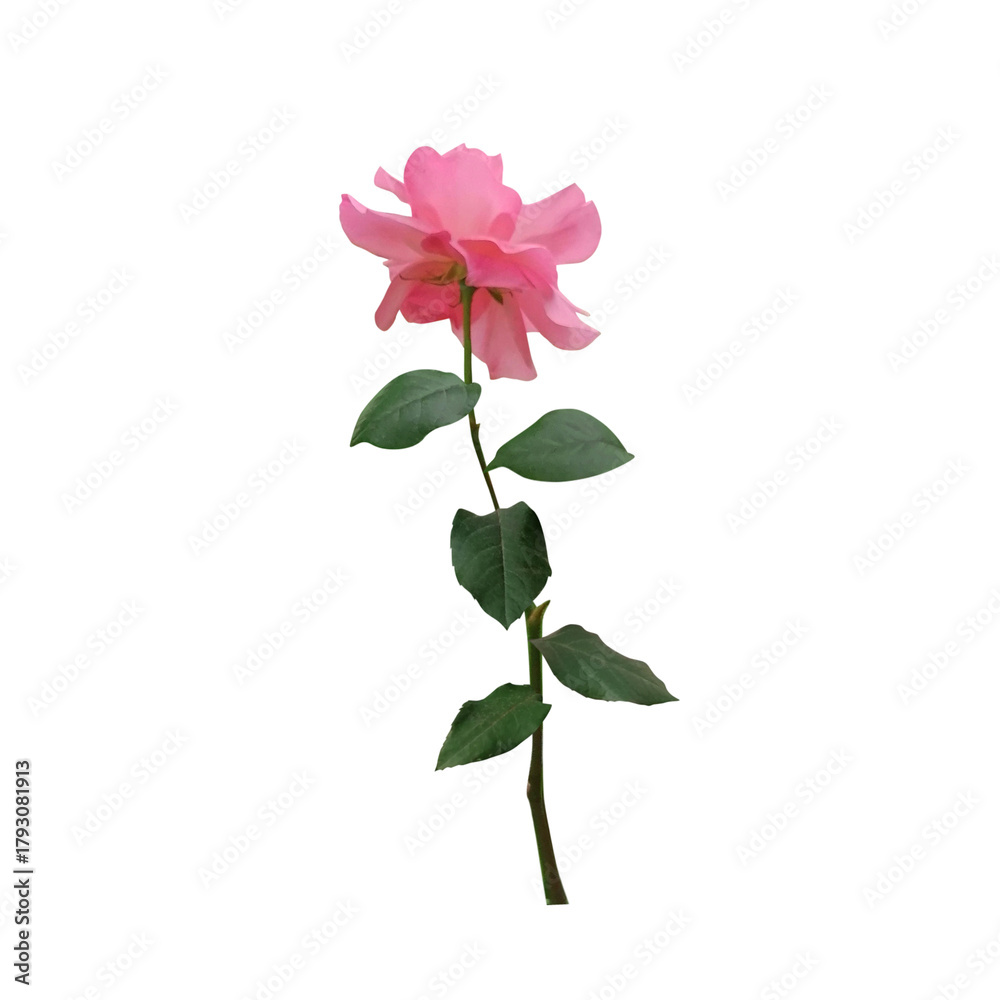 Fototapeta premium Beautiful pink rose flower with stem and green leaves, single, close-up, isolated on white background