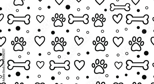 Seamless Pattern with Bone, Paw Print, Heart, and Circle, on White