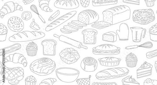 Seamless Pattern with Bakery Items on White Backdrop, Bread, Cake, Croissant, Pie