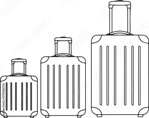 Three suitcases of varying sizes with handles and wheels luggage travel