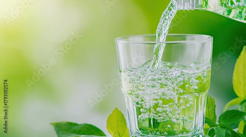 Refreshing water flows into a glass amidst vibrant greenery and sunlight for a healthful hydration experience