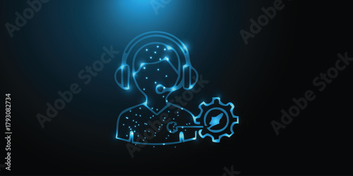 Neon customer support agent with headset and gear icon — glowing blue tech service, call center, help desk, AI chatbot on dark background
