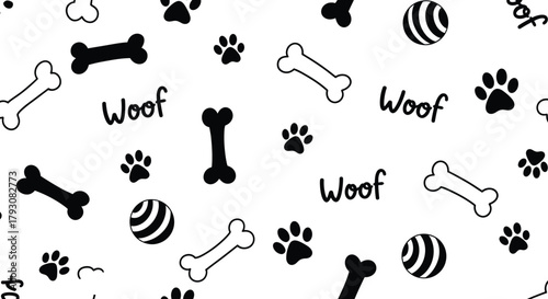Seamless Pattern with Dog Bone, Paw Print, and Ball, Woof in White Background