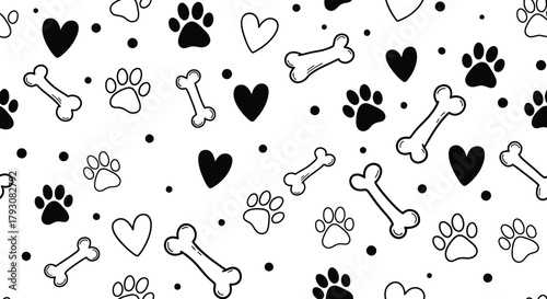 Seamless Pattern with Dog Paw Prints, Bones, and Hearts on White Background