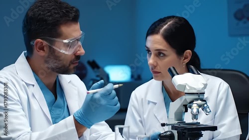 Two scientists in lab coats examining a sample under a microscope, discussing results in a research laboratory setting