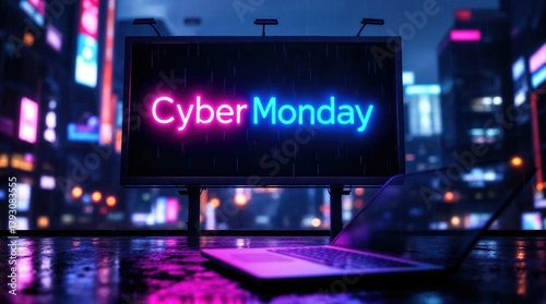 Cyber Monday neon sign on a billboard in a rainy futuristic city. E-commerce sale and online shopping promotion concept