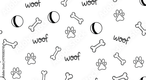 Seamless Pattern with Paw Prints Bones Balls and Woof Text on White Background