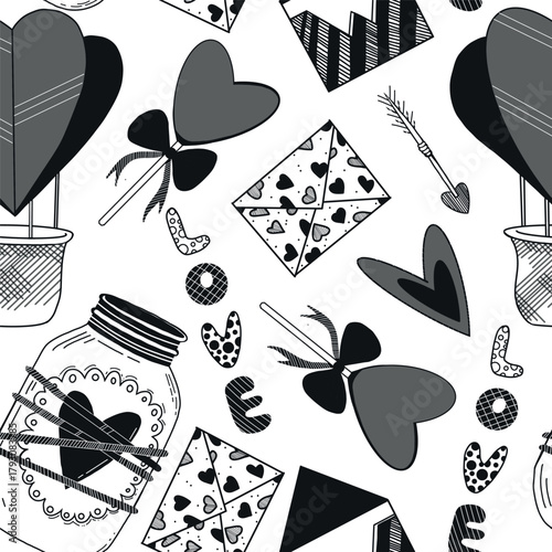 Seamless vector pattern for Valentine's Day. Balloons in the form of hearts, love letters, Cupid's arrows. Everything is hand-drawn in ink and translated into vector. For printing on paper.