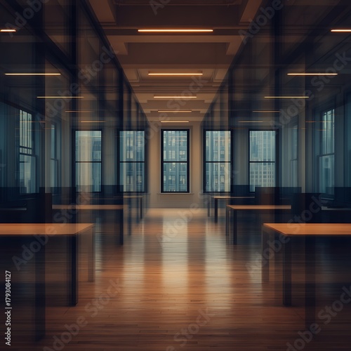 A modern office space with wooden desks, large windows, and an open layout, creating a bright and spacious atmosphere.