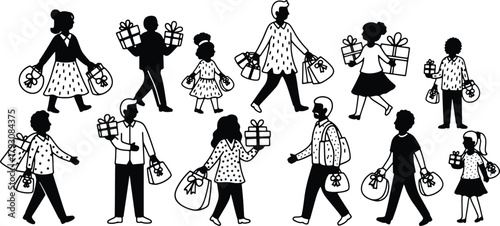 Black and white shopping people pattern with bags and gifts