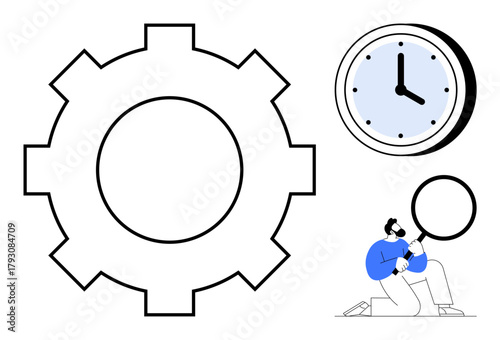 Gear for process, clock for time, person with magnifying glass for analysis and focus. Ideal for productivity, process improvement, organization, efficiency, focus, project management simple flat