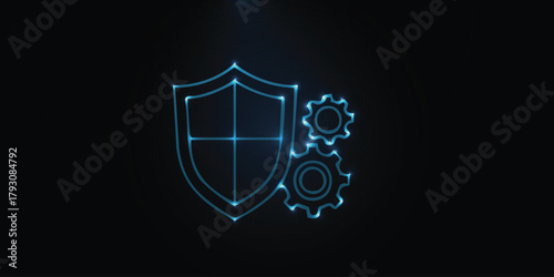 Neon shield with gears on dark background — cybersecurity protection settings and secure configuration, glowing blue tech security banner