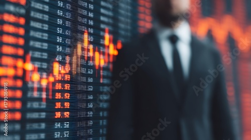 A businessman stands blurred against a digital stock market display, highlighting fluctuating stock prices and trends.