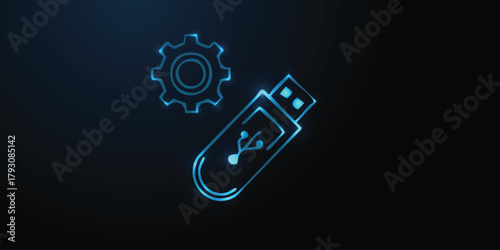 Neon USB flash drive with gear icon on dark background — glowing blue line art of memory stick, data storage, backup and settings tech banner