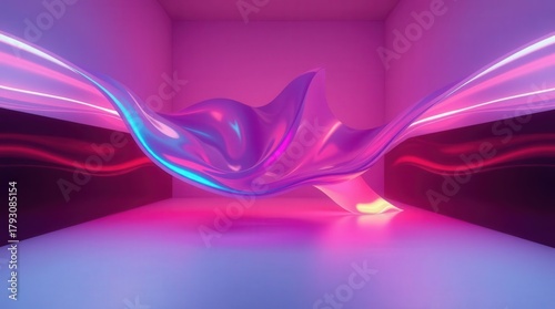 Fototapeta Naklejka Na Ścianę i Meble -  3D abstract background of a cave-like interior with undulating, sculpted walls, illuminated by glowing neon blue and magenta light strips and fog.