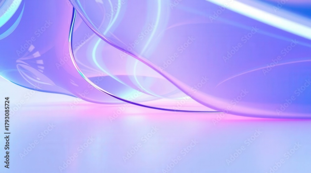 Fototapeta premium Abstract 3D background of flowing, layered, and translucent waves/curves of material with intense neon blue and purple glowing edges and soft shadows.
