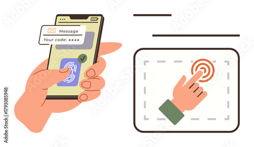 Hand holding smartphone with fingerprint scanner and code verification. On-screen hand pressing secure button. Ideal for cybersecurity, encryption, login, technology, verification, safety, and user