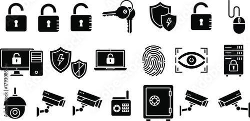 Security Icons Set Padlocks, Keys, Shields, Computer, Fingerprint, CCTV in Black Silhouette